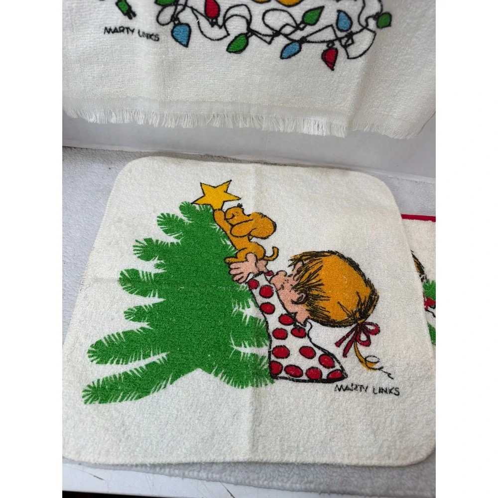 Vintage 80s Hallmark Marty Links Christmas Towel Set White Holiday Kitchen 3pc